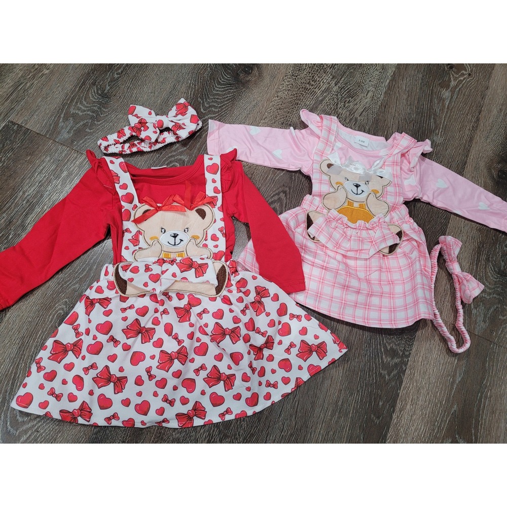 Baby Girl Teddy Bear Dress Set Hearts Baby Girls Valentine's Day 12-18 & 3-6 #R